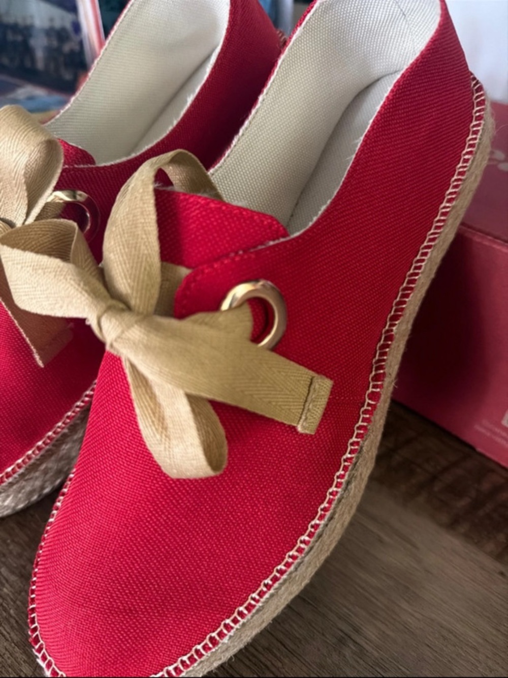 Red Canvas Sneaker Espadrilles with Tan Ribbon Laces